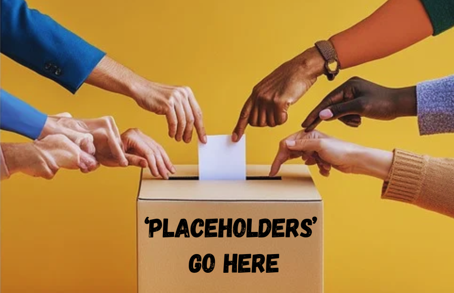 Placeholders Go Here - box with hands dropping paper into a voting-box type object. Colorful