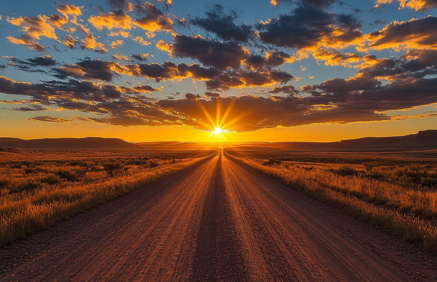 s the sun sets over the distant horizon, its rays stretch across a dusty, gravel-laden country road. The landscape is bathed in warm, golden hues, highlighting the rugged terrain of the open fields that border the road. Endless possibilities
