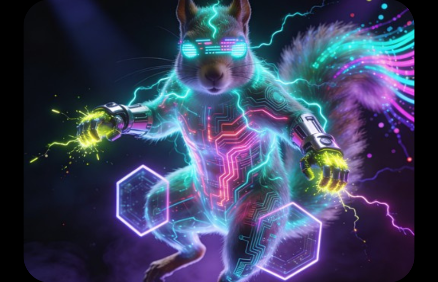 Psychedelic squirrel as in frazzled and at a rave or diso.