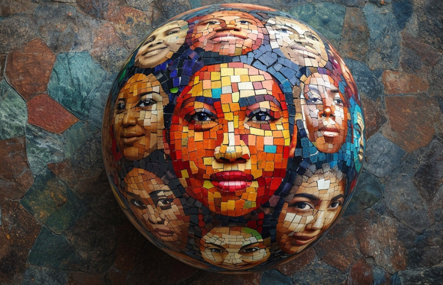Diverse Faces Sphere, like on a globe in mosaic.