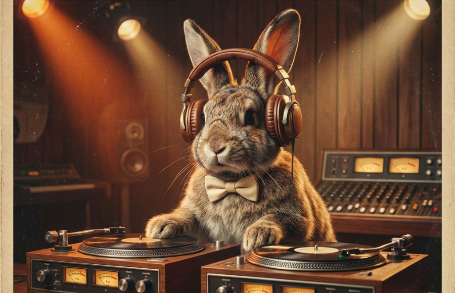 Retro Bunny rabbit DJ with headphones, mixing 2 records