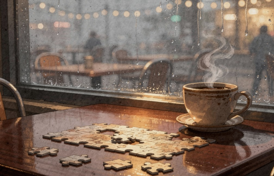 Rainy cafe window scene, with cup of steaming coffee set on a table with an unfinished puzzle.