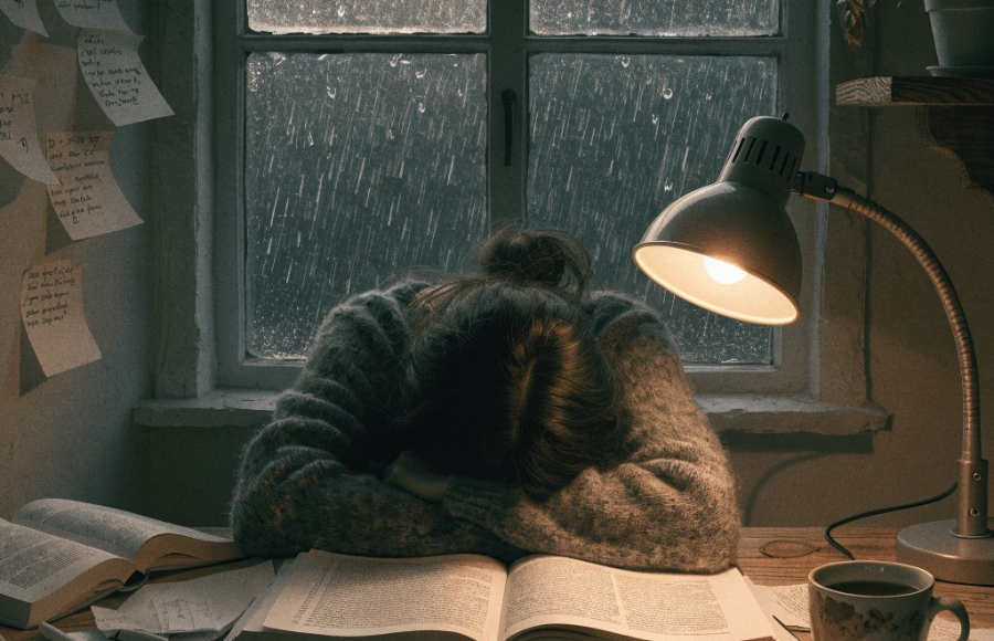Women struggling, head down on a desk, back to a window and it's storming outside.