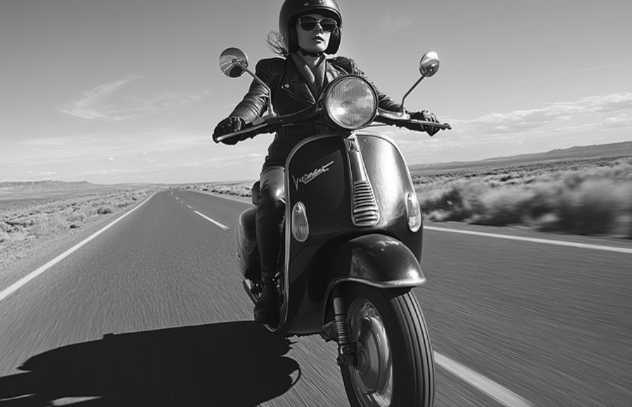 Black and white photo of woman on a motobike, free, down and open road