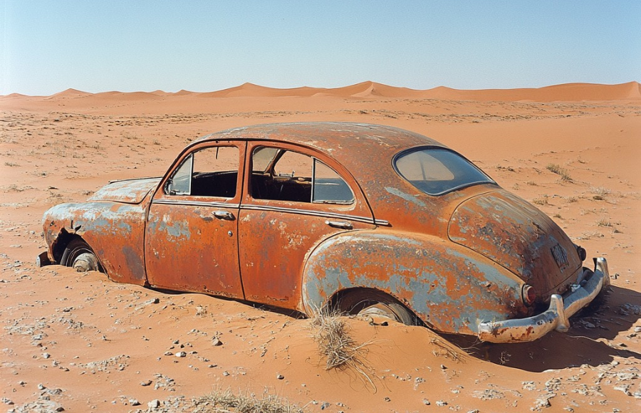 Rusted out Beetle Bug car in the desert, wheel half in the sandy terrain.