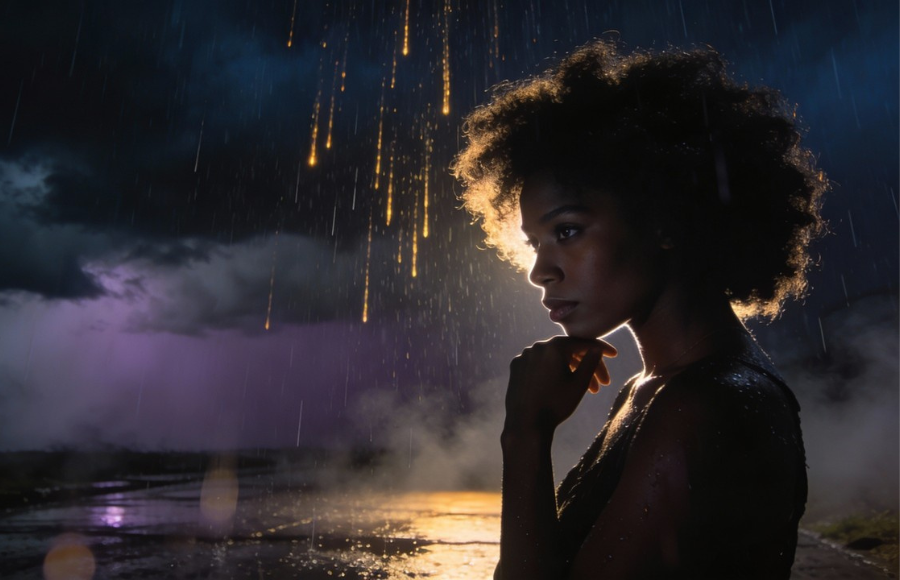 Beautiful black woman, big pretty afro a glow in a night sky with golden rays coming down