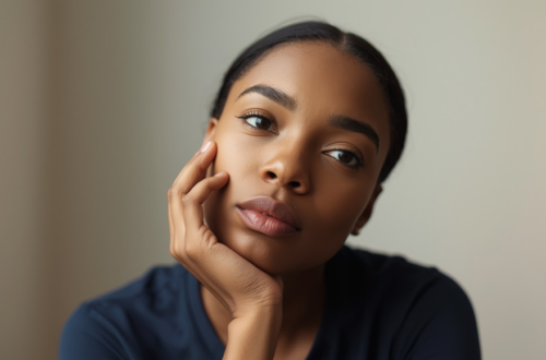 Beautiful Black woman head to the side contemplating