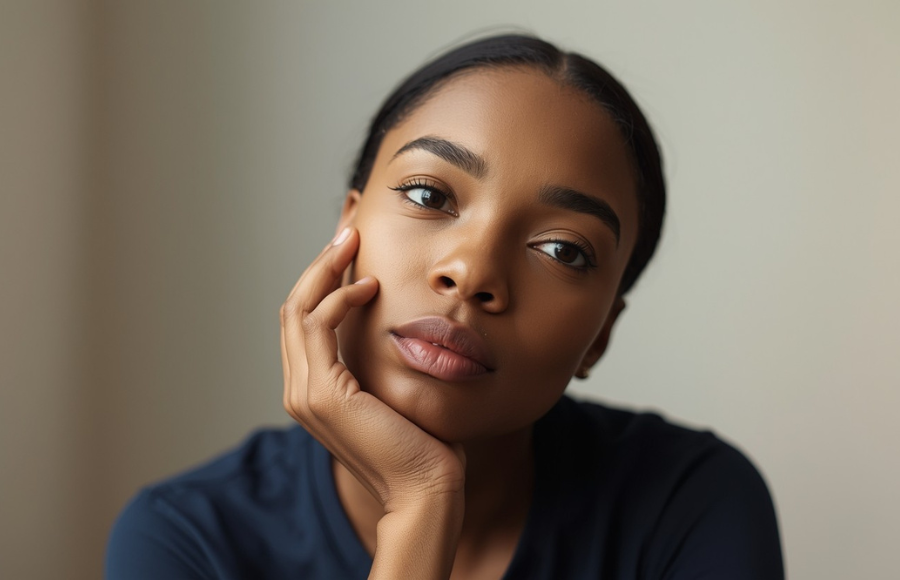 Beautiful Black woman head to the side contemplating
