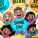 Cartoon kids with colorful quotes