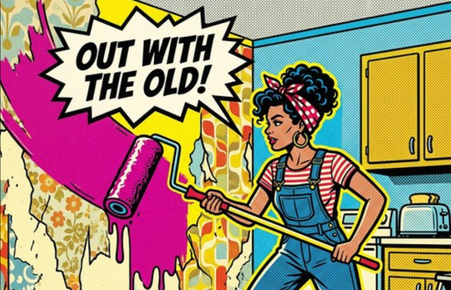 'Out With the Old' retro image of black woman redoing a kitchen, painting, demolition work