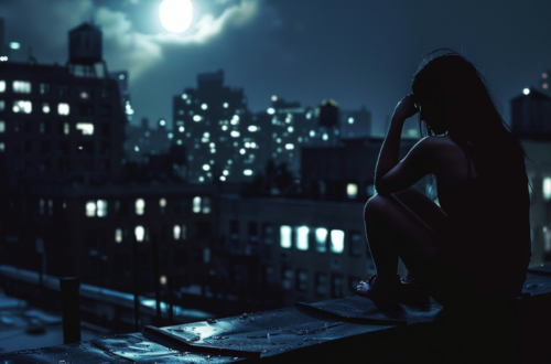 Woman in dark night time setting, sitting on top of roof, worried posture, building lights on in darkness