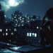 Woman in dark night time setting, sitting on top of roof, worried posture, building lights on in darkness