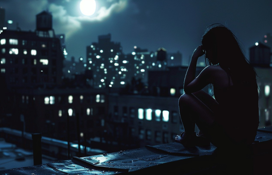 Woman in dark night time setting, sitting on top of roof, worried posture, building lights on in darkness