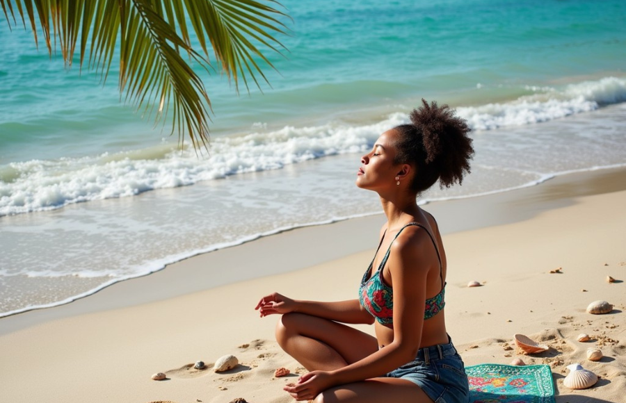Beautiful black woman on a beach in thought, positive