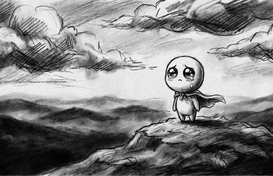 Cartoon character, black and white, tiny round-headed not so-superhero, crying, lone tear with storm cloud.