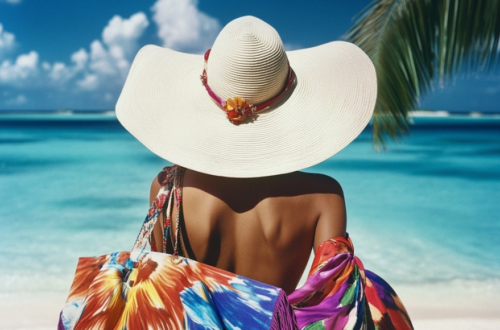 Beautiful black woman on a beach in a hat, colorful bag, back to camera