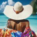Beautiful black woman on a beach in a hat, colorful bag, back to camera