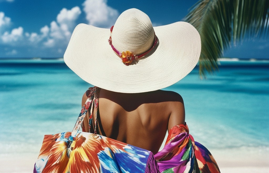 Beautiful black woman on a beach in a hat, colorful bag, back to camera