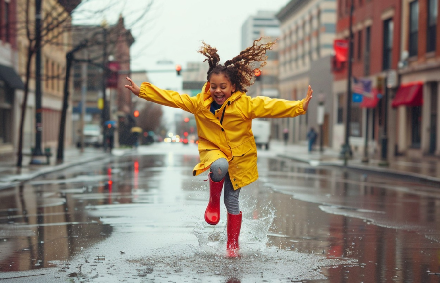 Cute black young girl, maybe 7 years old, in a yellow rain jacket and red wellington boots, splashiing, happily in a puddle, middle of empty street day time