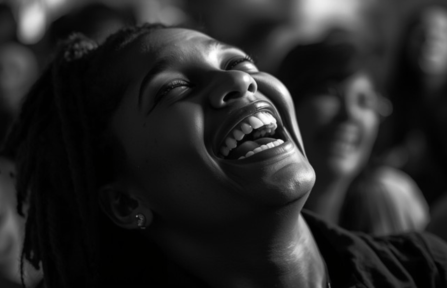 Beautiful black woman, black and white image, head back, laughing boldly, not caring
