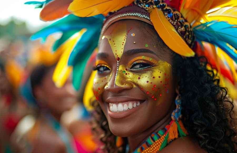 Beautiful black woman in carnival outfit, close up smiling face