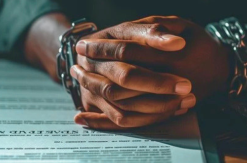 Clenched hands with chain around them over the Terms and Conditions.