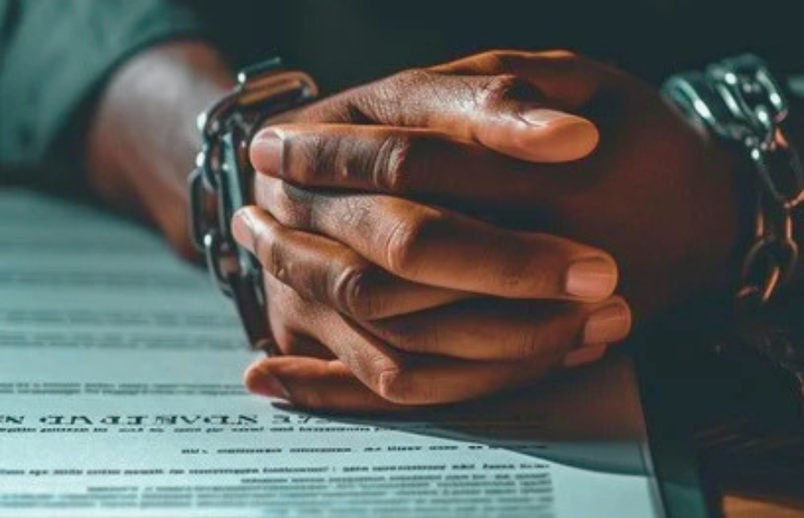Clenched hands with chain around them over the Terms and Conditions.
