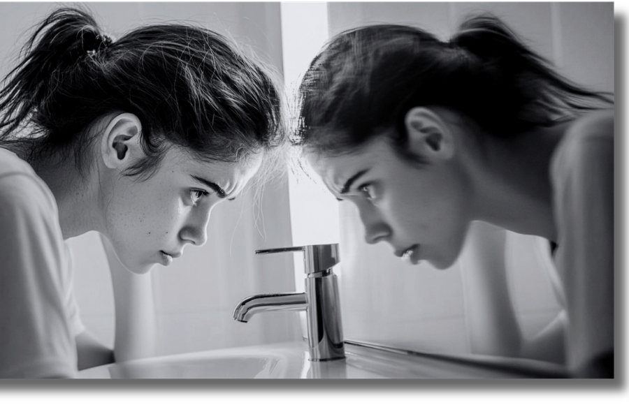 woman in mirror facing her former self