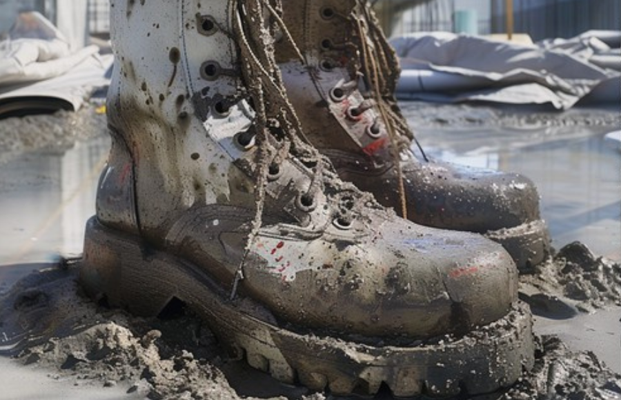 Muddy work boots close up