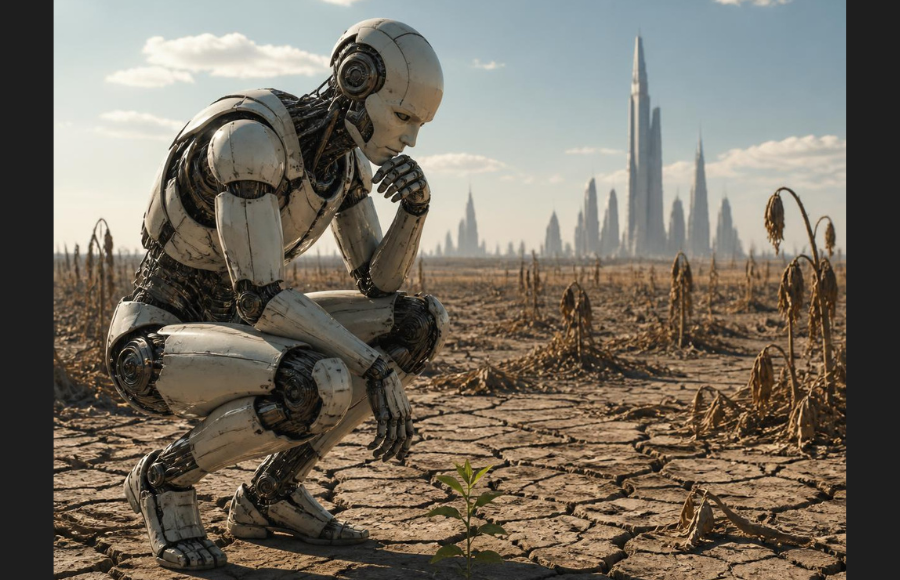 AI robot in a barren field, looking concerned while inspecting the dried out land, with a city scape in the background
