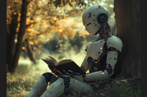 AI Robot in sunny field, sitting under a tree, reading a book.