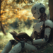 AI Robot in sunny field, sitting under a tree, reading a book.