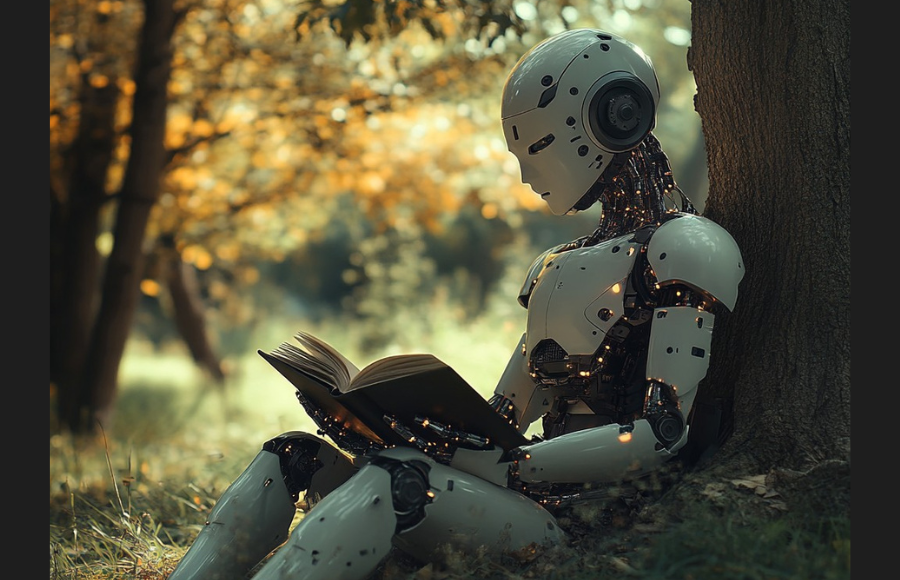 AI Robot in sunny field, sitting under a tree, reading a book.