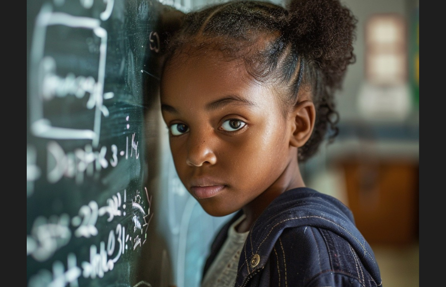 Beautiful black girl child, under ten, her head in braids and puffs with her head resting against a chalk board of math equations