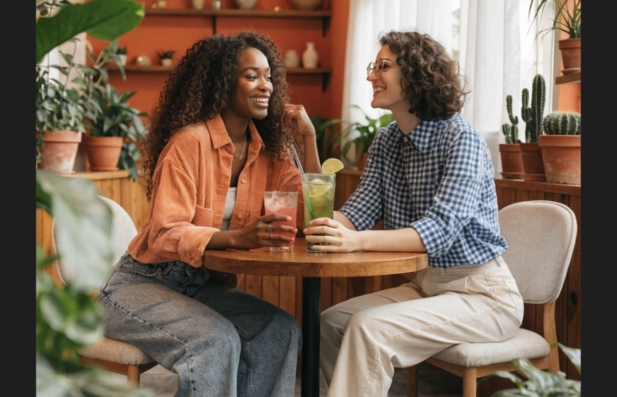 Two women in a coffee shop meeting to collaborate, create, have fun, no tech tools not AI enjoying human company and the experience