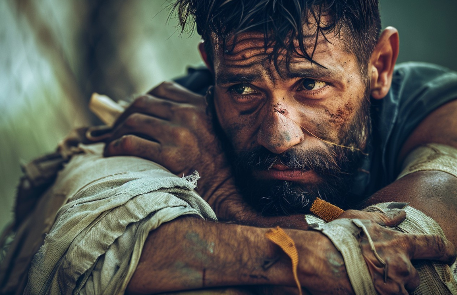 Strong man who looks broken, sad, arms folded messy hair