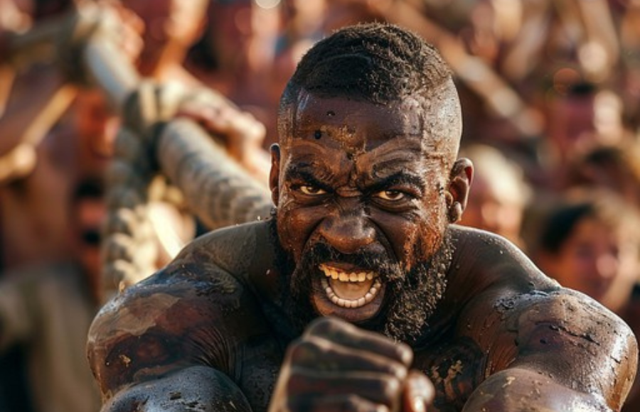 Strong handsome black man, muscle, appears to be in a kind of olden times tug of war, close up