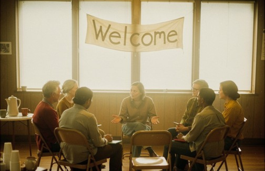 Welcome group meeting people seated conversational circle