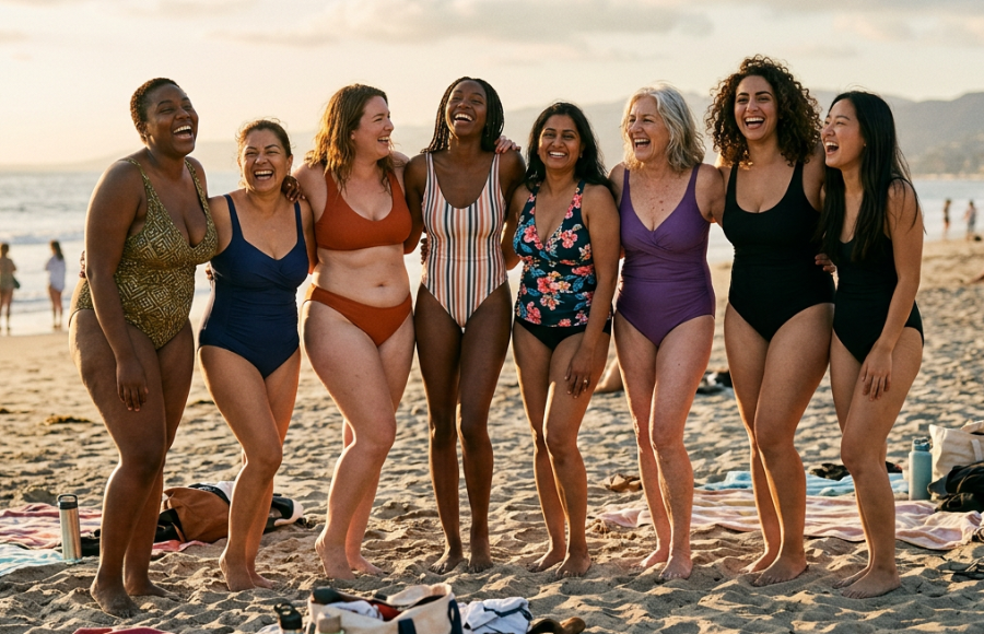 Big Age, Bigger Growth | Episode 3 - group of Gen X women, standing, arms linked, at the beach in bathing suits, enjoying true friendship