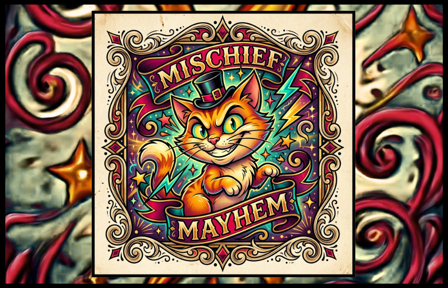 Michief anf Mayhem with a sassy cat in the colorful pattern graphic