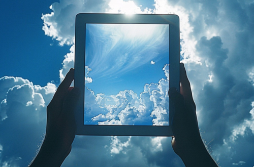 Hands holding up a glass pane to a perfect sky