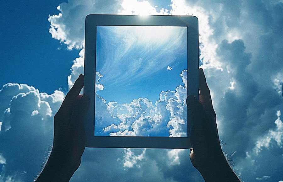 Hands holding up a glass pane to a perfect sky