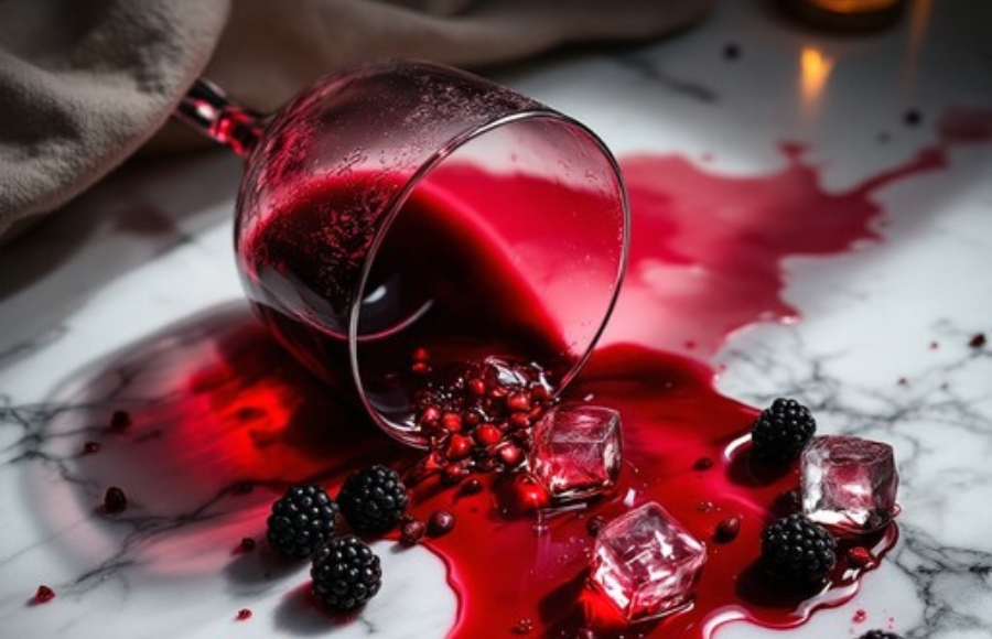 Spilled glass of read wine with berries, similar to Sangria, on a marble counter