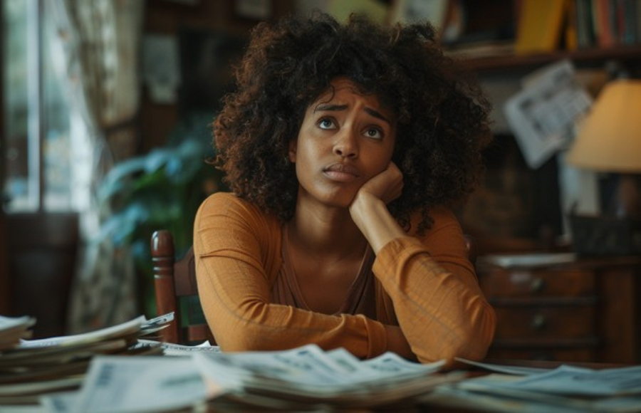 Beautiful black woman, worried, hand resting on face, eyes up in despair