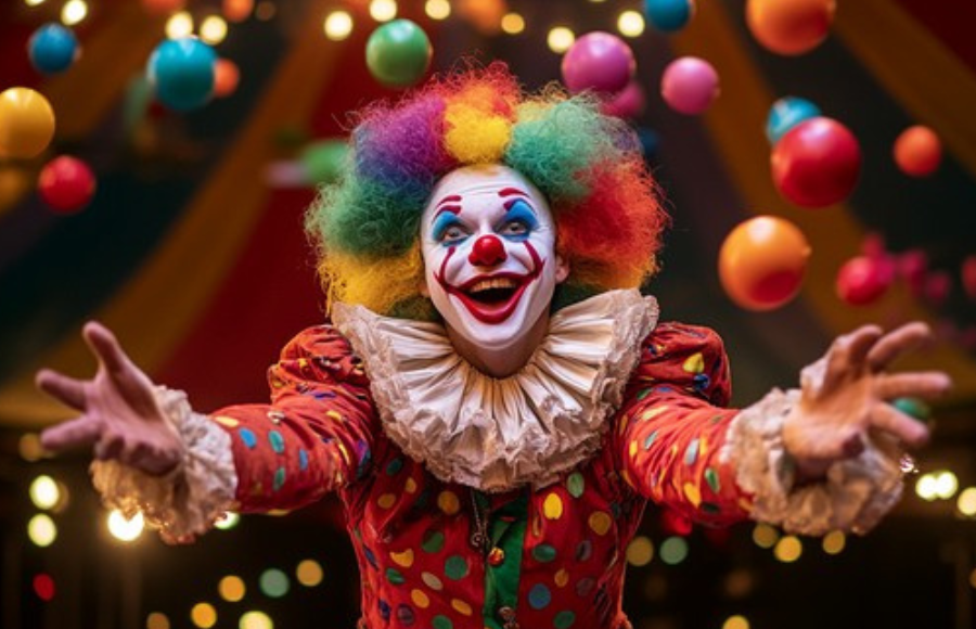 Colorful clown, looked too happy almost insane, balls floating around