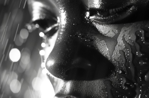 Beautiful black woman, black and white moody image, tear -stained face