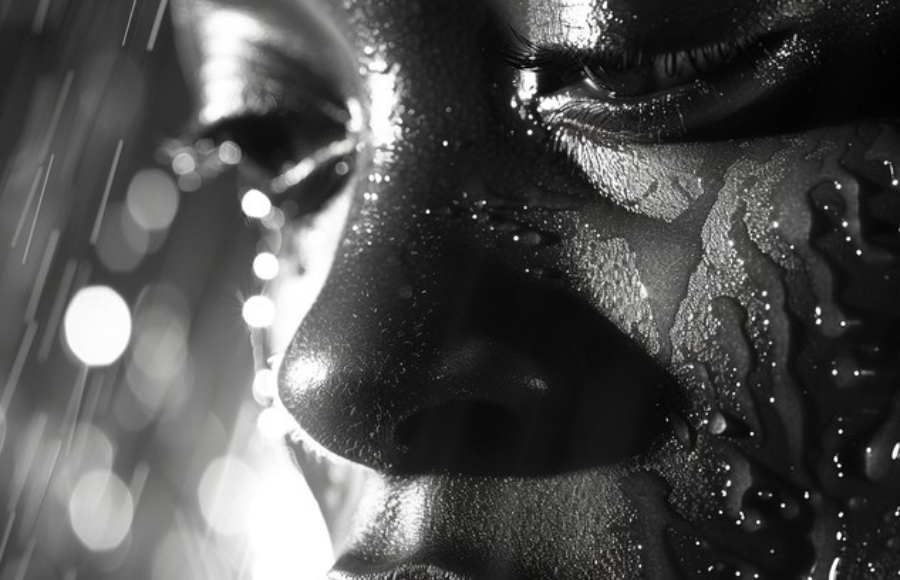 Beautiful black woman, black and white moody image, tear -stained face