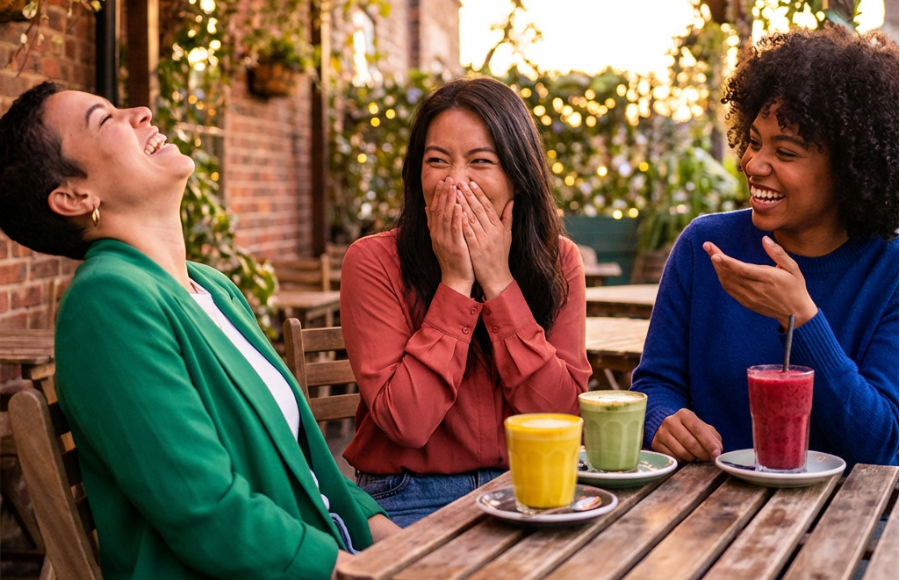 Three female friends, seated around a table in an outdoor setting, enjoying a laugh and good time together