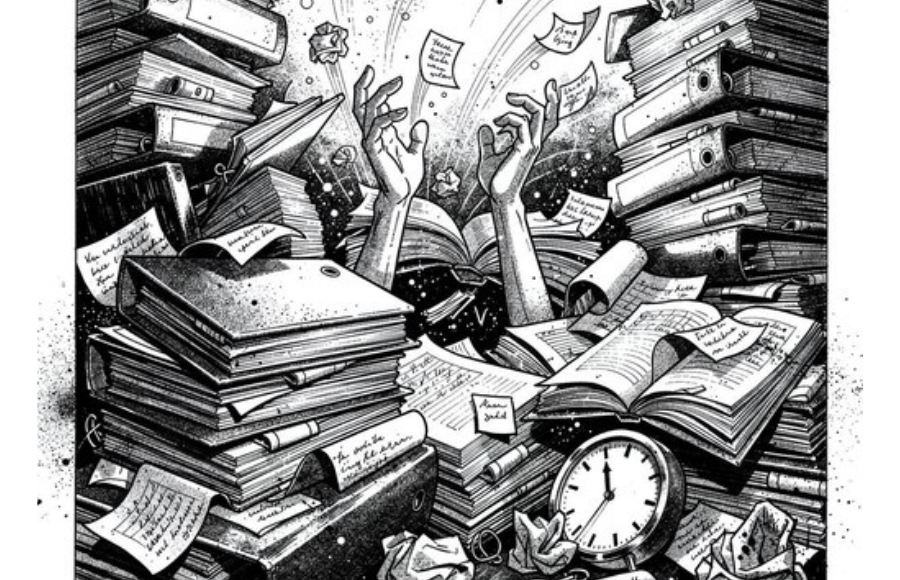 Black and white graphic, seeing arms only, a person drowning in books, papers