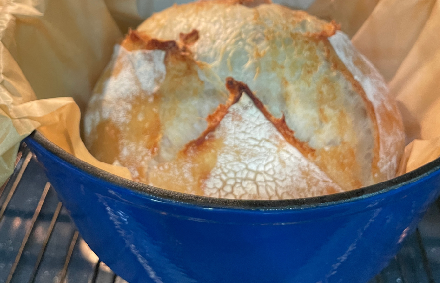SincerelyIreneB sourdough bread in blue Dutch pot in oven.